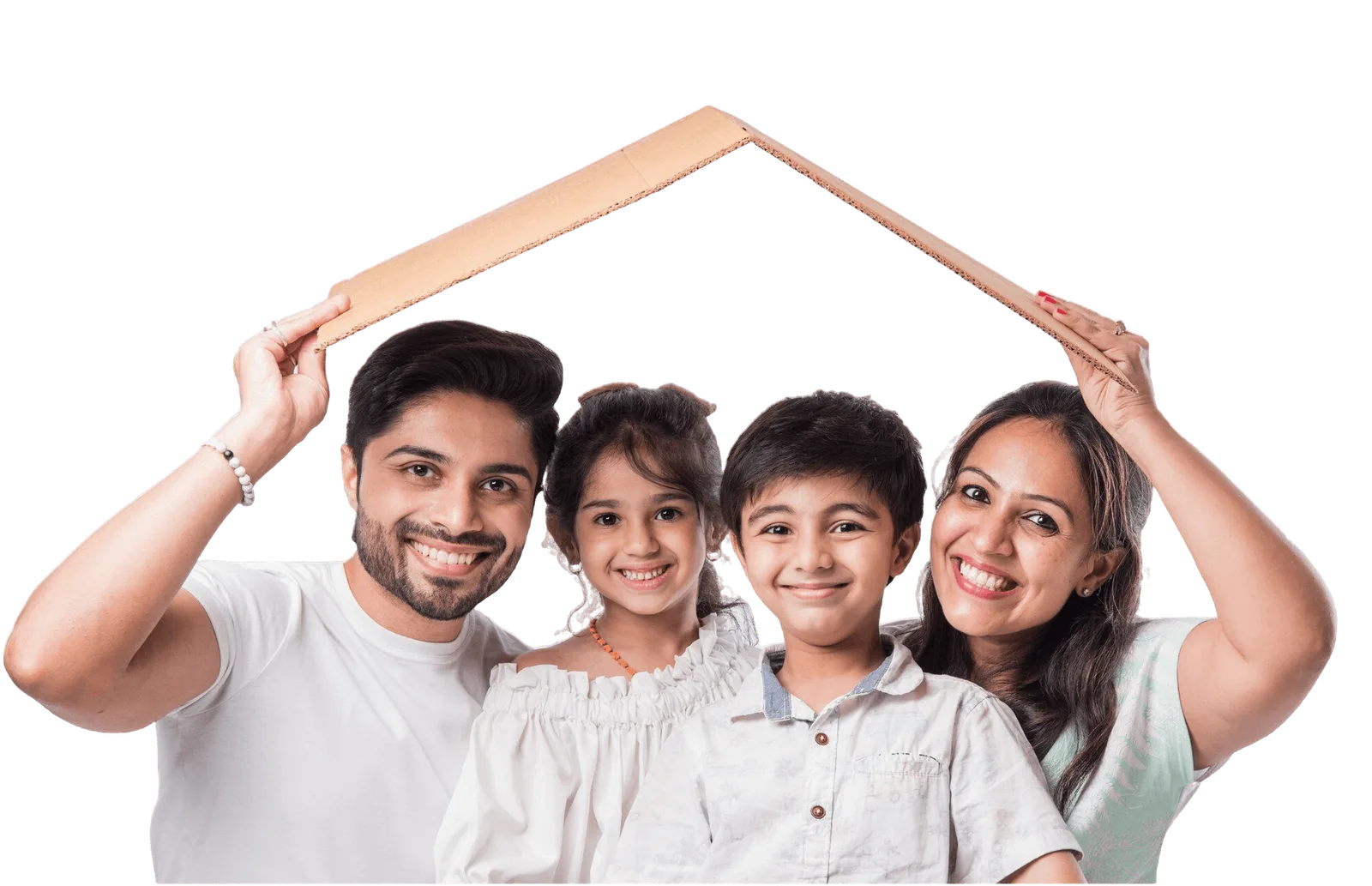 A family sheltering under a house-shaped roof